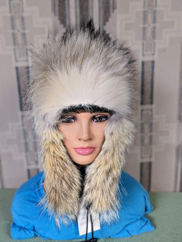 Grey and White Wolf fur Trapper Hat