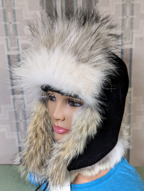 Grey and White Wolf fur Trapper Hat - Image 3