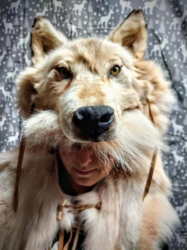 spectacular white arctic wolf shaman headdress Full length - Image 8