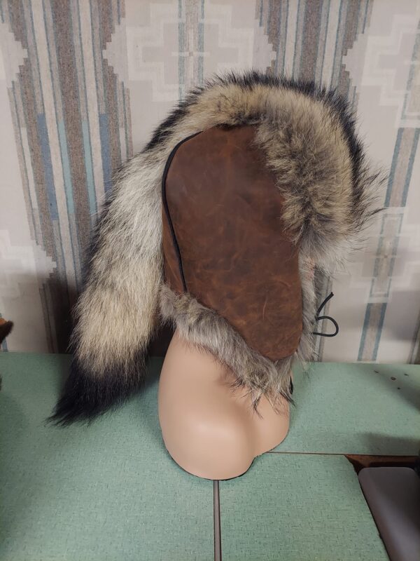 Timber Wolf fur Trapper Hat With Tail #2 - Image 3